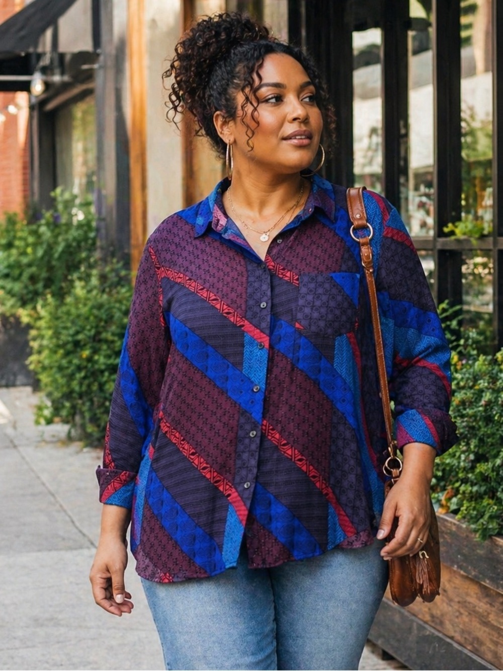 Ann Taylor Geometric Patch Printed Relaxed Fit Button Front Blouse Size 2X Chic